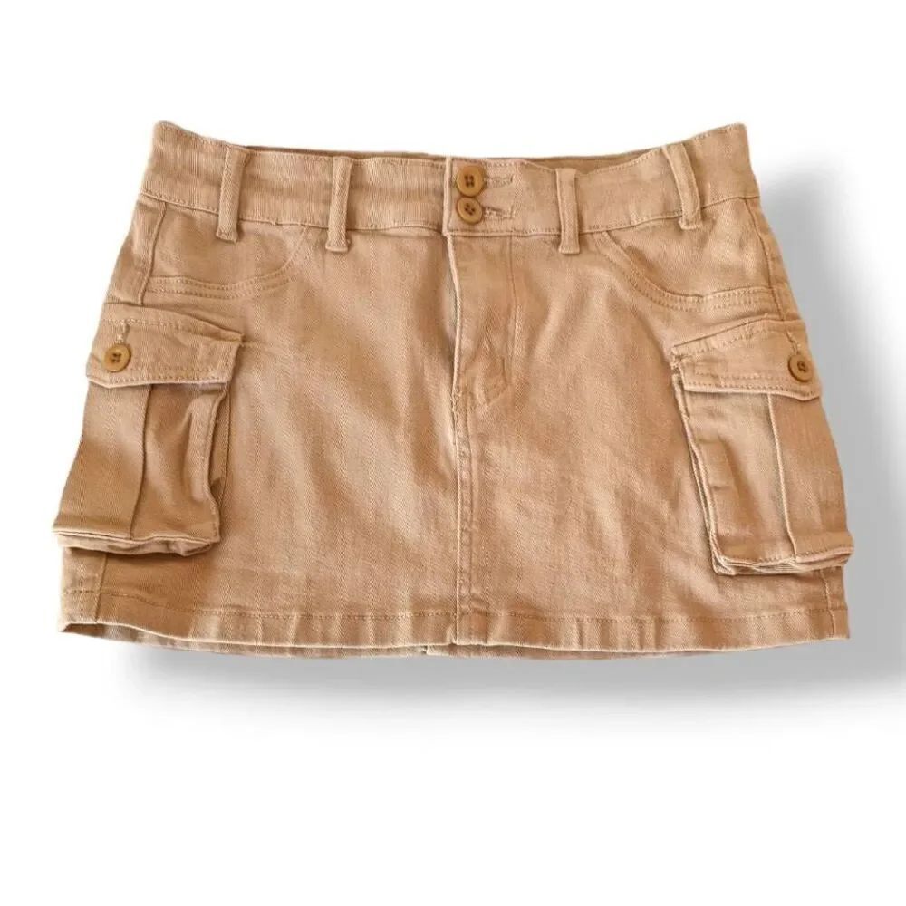 SHEIN Women's Icon Cargo-Style Flap Detail Denim Mini Skirt Khaki Large